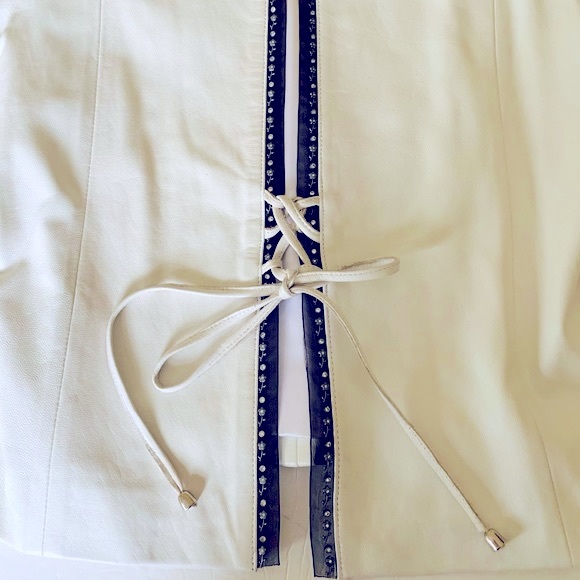 White Real lamb leather blazer Jacket Black Chiphon Trim With Rhinestones Eur L - Picture 10 of 13